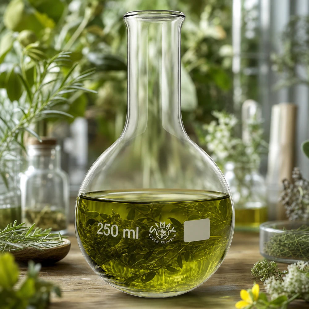 Baňka s úzkým hrdlem 250ml Rundkolben 250ml mit Volumenskala und Kräuteraufguss für Naturheilkunde und Forschung
