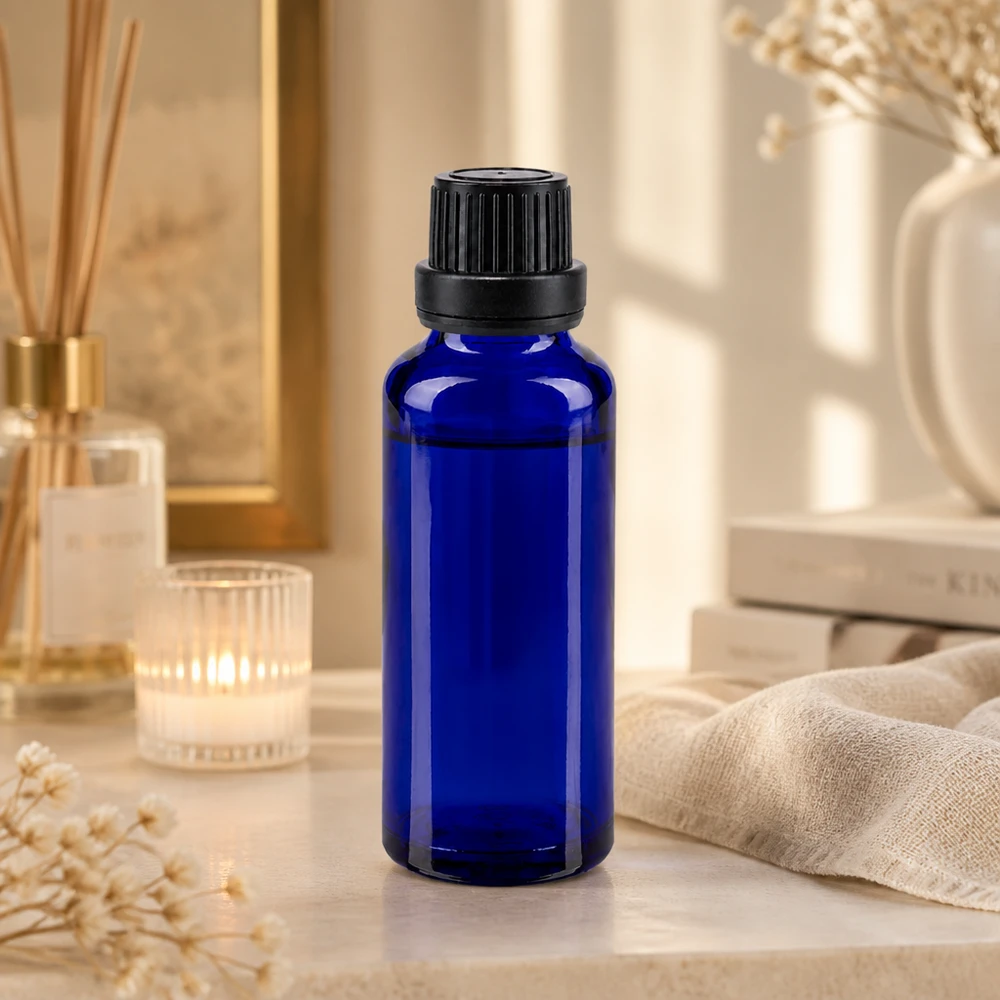 Apothekerflasche aus kobaltblauem Glas 30ml mit schwarzem Verschluss für Kosmetikherstellung