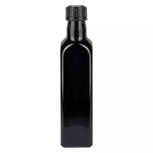Čtvercová láhev z fialového skla 500ml (láhev na olej), UNI 10155 31,5x24, včetně černého šroubovacího uzávěru 103574 Čtvercová láhev z fialového skla 500ml (láhev na olej), UNI 10155 31,5x24, včetně černého šroubovacího uzávěru 103574