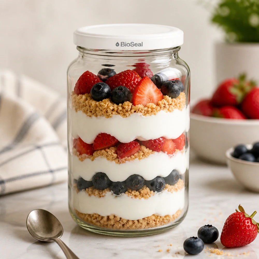 UNiTWIST Runda382 als Dessertglas - geschichteter Joghurt mit Beeren und Granola im BioSeal Einmachglas