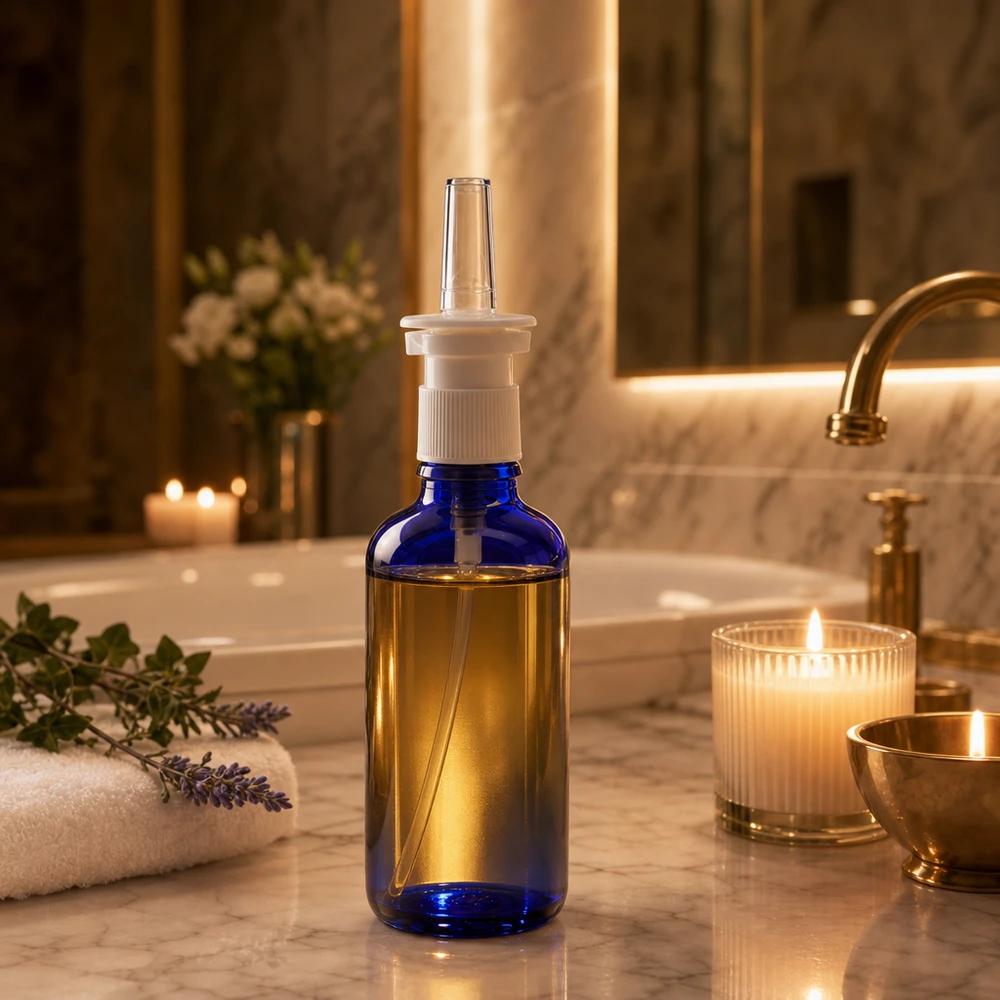 Lékárenská láhev modrá 50ml nosní sprej bílá stř. Blaue UV-Schutz-Glasflasche 50ml mit Nasenspray-Mechanismus für medizinische Anwendung