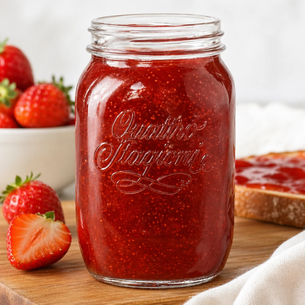 Quattro Stagioni 1000ml Haushaltsglas gefüllt mit roter Erdbeermarmelade neben frischen Erdbeeren auf Holzbrett