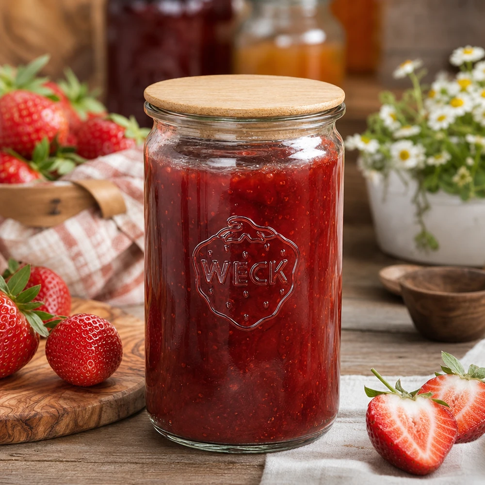 340ml válcová sklenice WECK RR60 s dřevěným víčkem buk. WECK Vorratsglas 340ml gefüllt mit Erdbeermarmelade neben frischen Erdbeeren auf rustikalem Holztisch