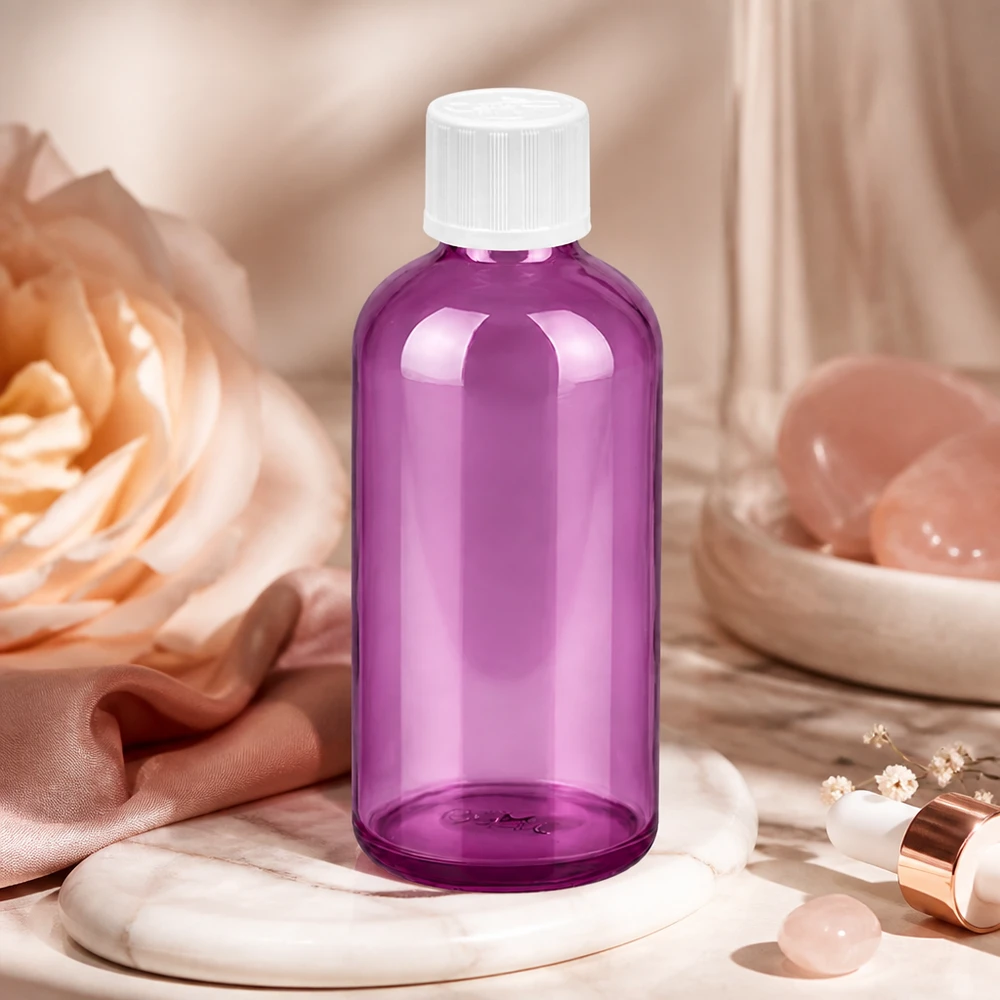 100ml lahvička s kapátkem 1,2mm bílé standardní dětské pojistky PurpleLine. UT18/100 Funktionale Glasflasche 100ml mit Tropfverschluss in Purple für laborpräzise Dosierung