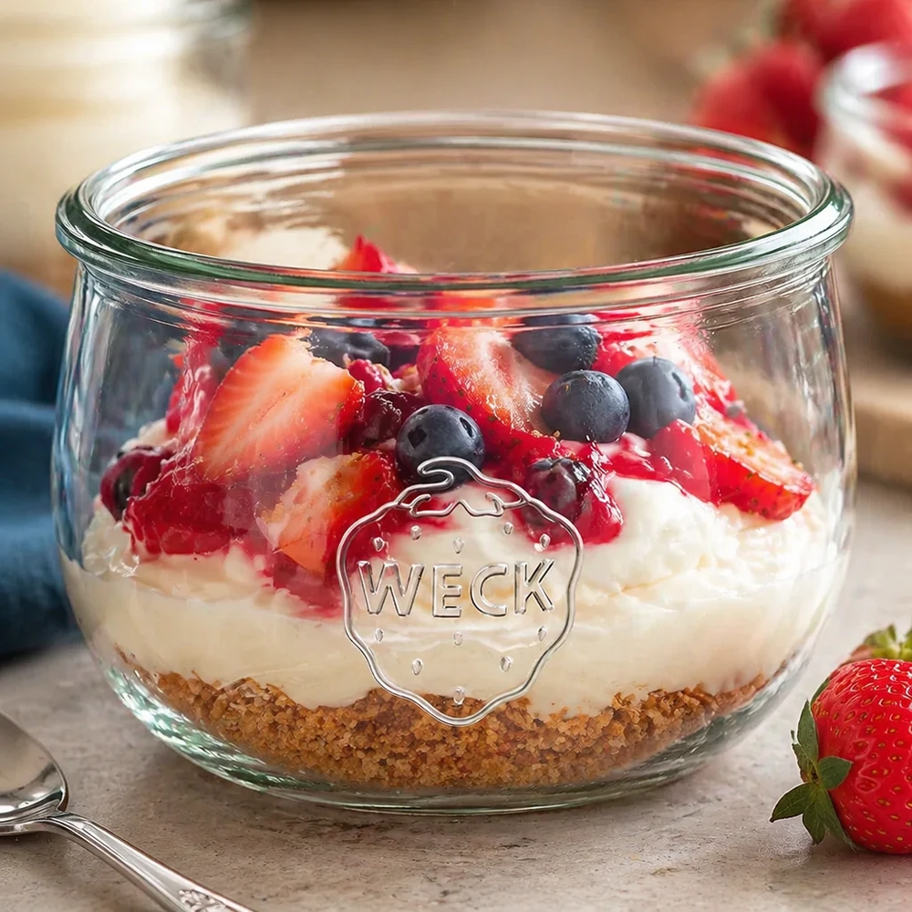 WECK 580ml Tulpenglas RR100 mit Schichtdessert aus Keksboden Creme und frischen Beeren Erdbeeren Blaubeeren