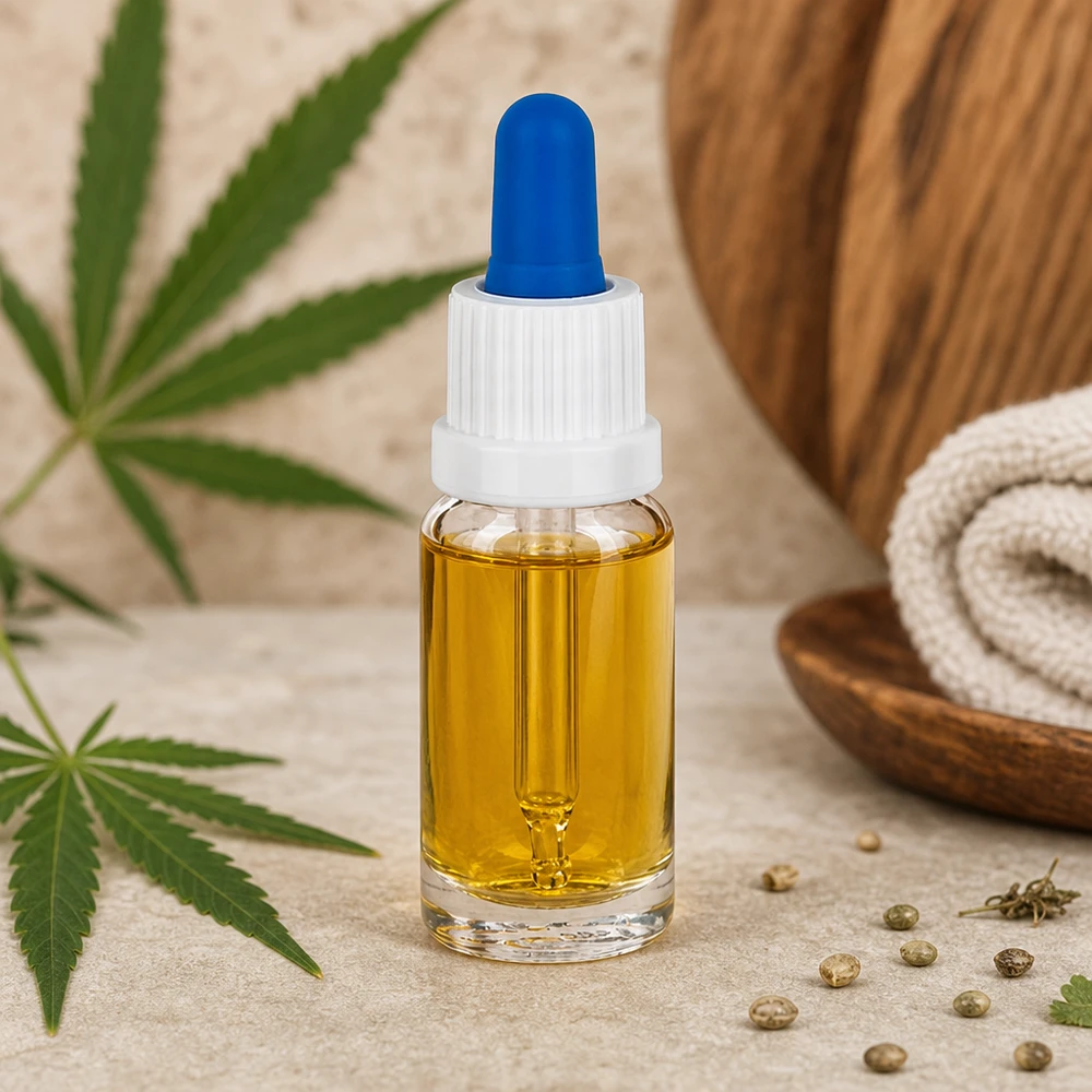 10ml pipetovací lahvička bílá/modrý uzávěr s ochranou proti manipulaci ClearLine UT18/10 Kompakte 10ml Pipettenflasche mit hellgelbem Öl im Wellness-Setting mit Tuch und Holzschale