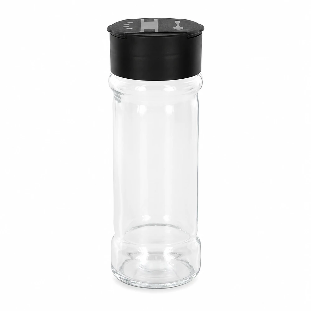 Dóza na sůl/koření 100ml s dvojitým šejkrem černá Kompaktes Salz- und Gewürzglas aus Glas 100ml mit praktischem Doppelstreuerdeckel schwarz