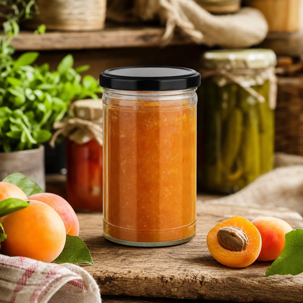 1053ml kelímky s víčkem BasicSeal černé UNiTWIST 1053ml Sturzglas mit schwarzem Deckel gefüllt mit Aprikosenmarmelade in rustikaler Küche mit frischen Früchten