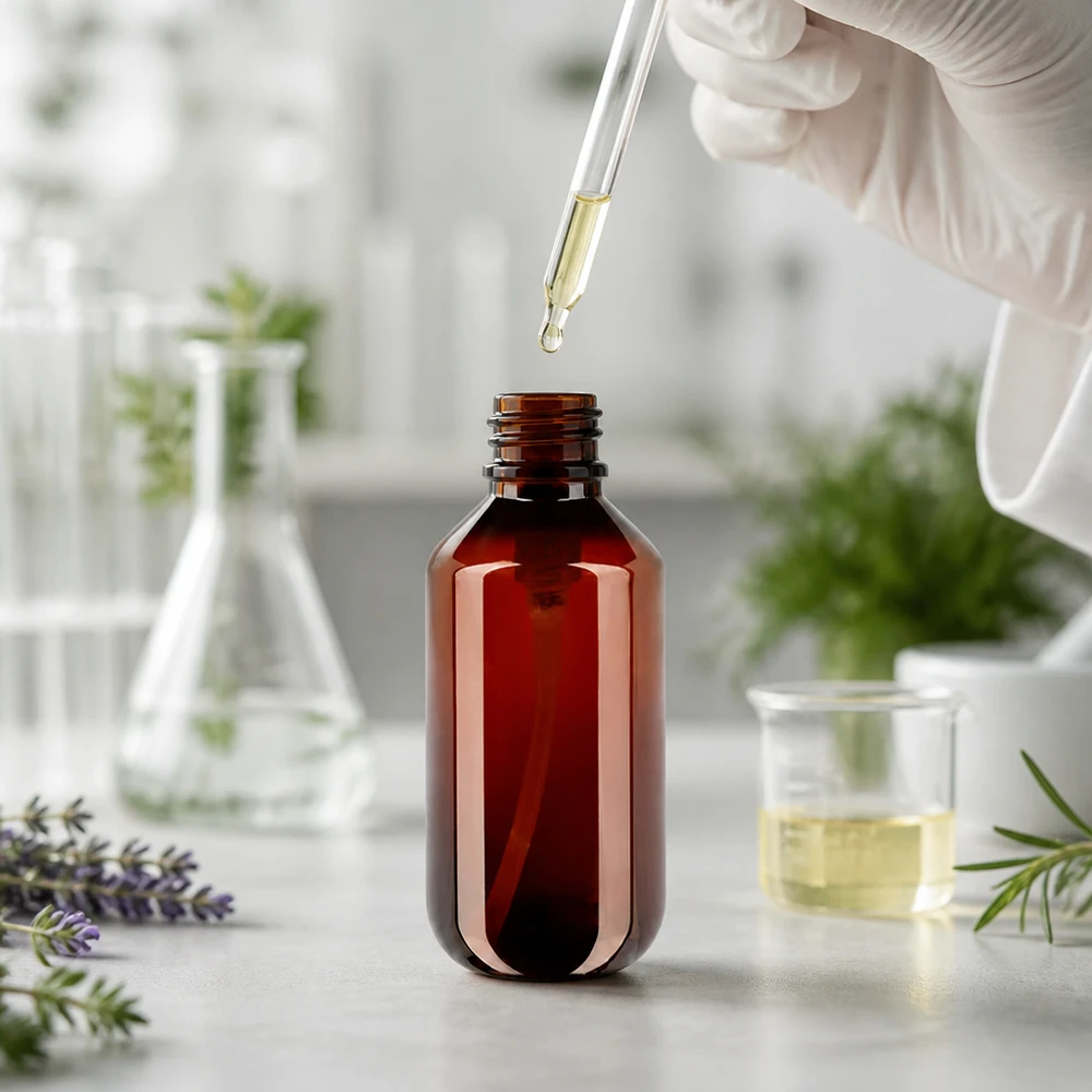 Hnědá PET láhev o objemu 200 ml s černým dávkovacím pumpičkem v prostředí podobném laboratornímu, s přírodními extrakty