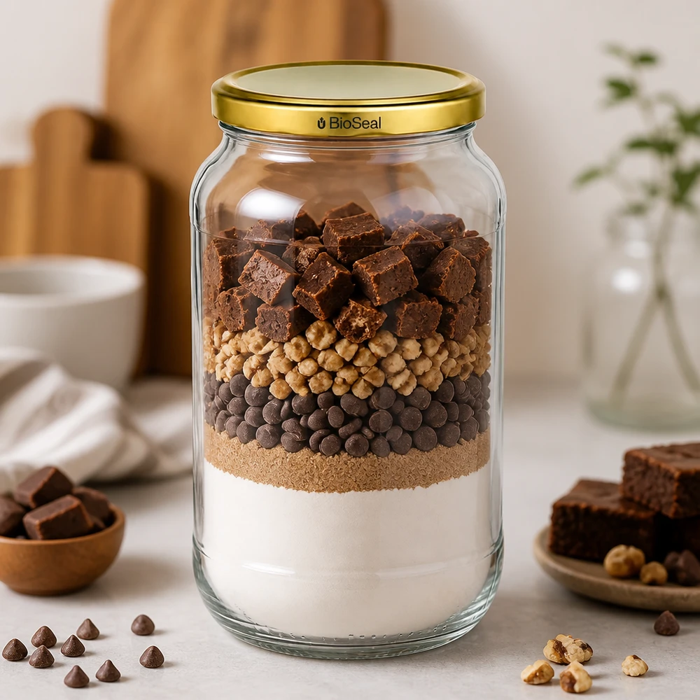 Kulatá nádoba o objemu 1062 ml se zlatým víčkem UNiTWIST BioSeal. UNiTWIST Runda1062 Schichtglas Brownie-Mix Schokolade Nüsse TO82 BioSeal Golddeckel Backmischung Vorratsjar
