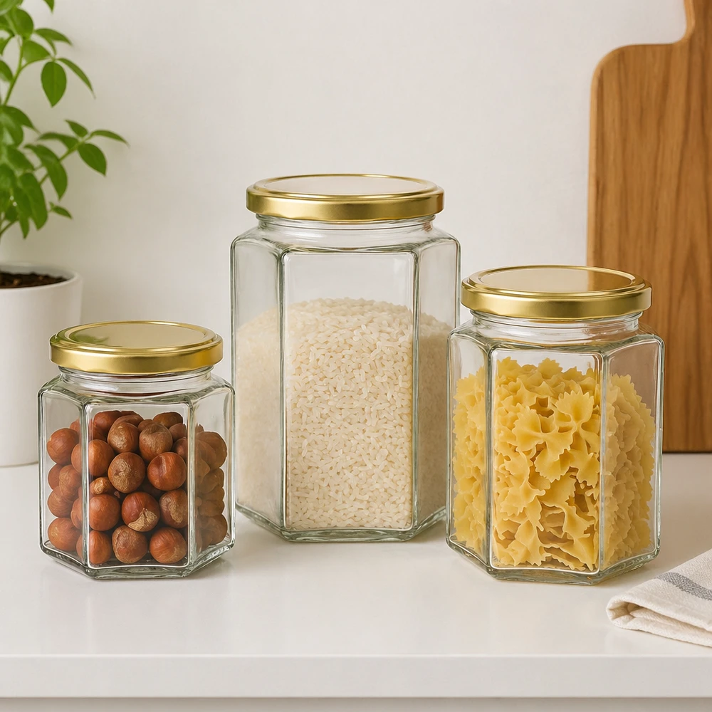 500g Honigglas mit goldenem Deckel BasicSeal UNiTWIST Drei 500g Honiggläser BasicSeal verschiedene Größen mit goldenen Deckeln befüllt Nüsse Reis Pasta Vorratsaufbewahrung