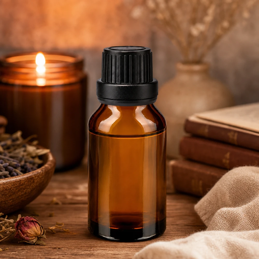 Lékárenská lahvička hnědá 15ml se šroubovacím uzávěrem černá s nepropustným uzávěrem Kompakte Vorratsflasche aus Braunglas 15ml mit schwarzem Originalverschluss für Öle und Essenzen