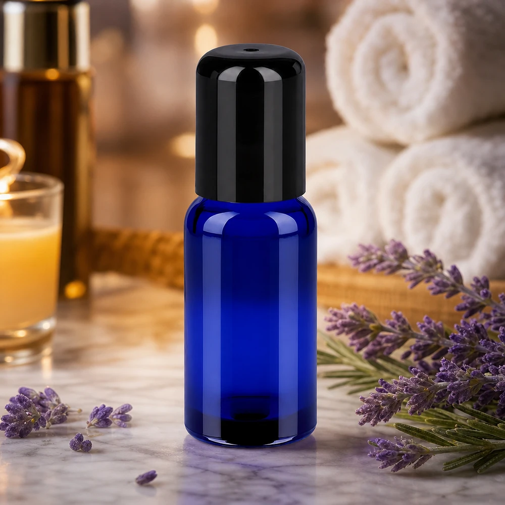 20ml roll-on lahvička černá se standardním uzávěrem BlueLine UT18/20 Kompakte 20ml Roll-On Flasche STD BlueLine in Blau für professionelle Kosmetikprodukte