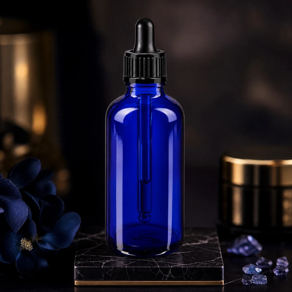 Zylindrische 50ml blaue Tropfflasche STD mit kindersicherem schwarzem Schraubverschluss