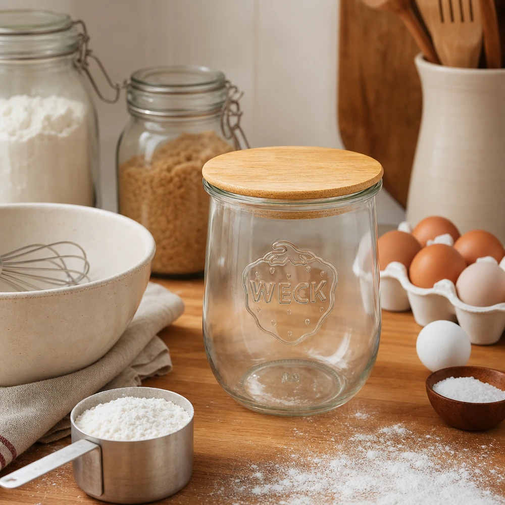 1062ml Dóza na tulipány WECK RR100 s dřevěným víčkem. WECK Tulpenglas RR100 1062ml leer mit Holzdeckel in rustikaler Küche zwischen Backzutaten Eiern Mehl Utensilien