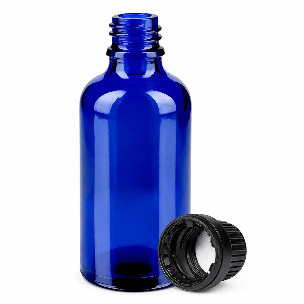 50ml láhev 11mm šroubovací uzávěr černý BlueLine UT18/50. Premium 50ml Apothekerflasche in Kobaltblau mit schwarzem tamper evident Verschluss
