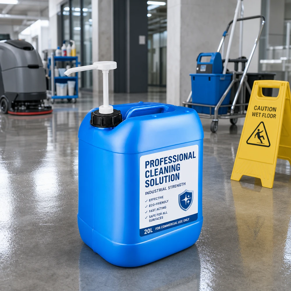 Kanystr 20 litrů modrý s dávkovacím čerpadlem Blauer 20L Kanister mit Dosierpumpe umgeben von professionellem Reinigungsgerät und Putzwagen