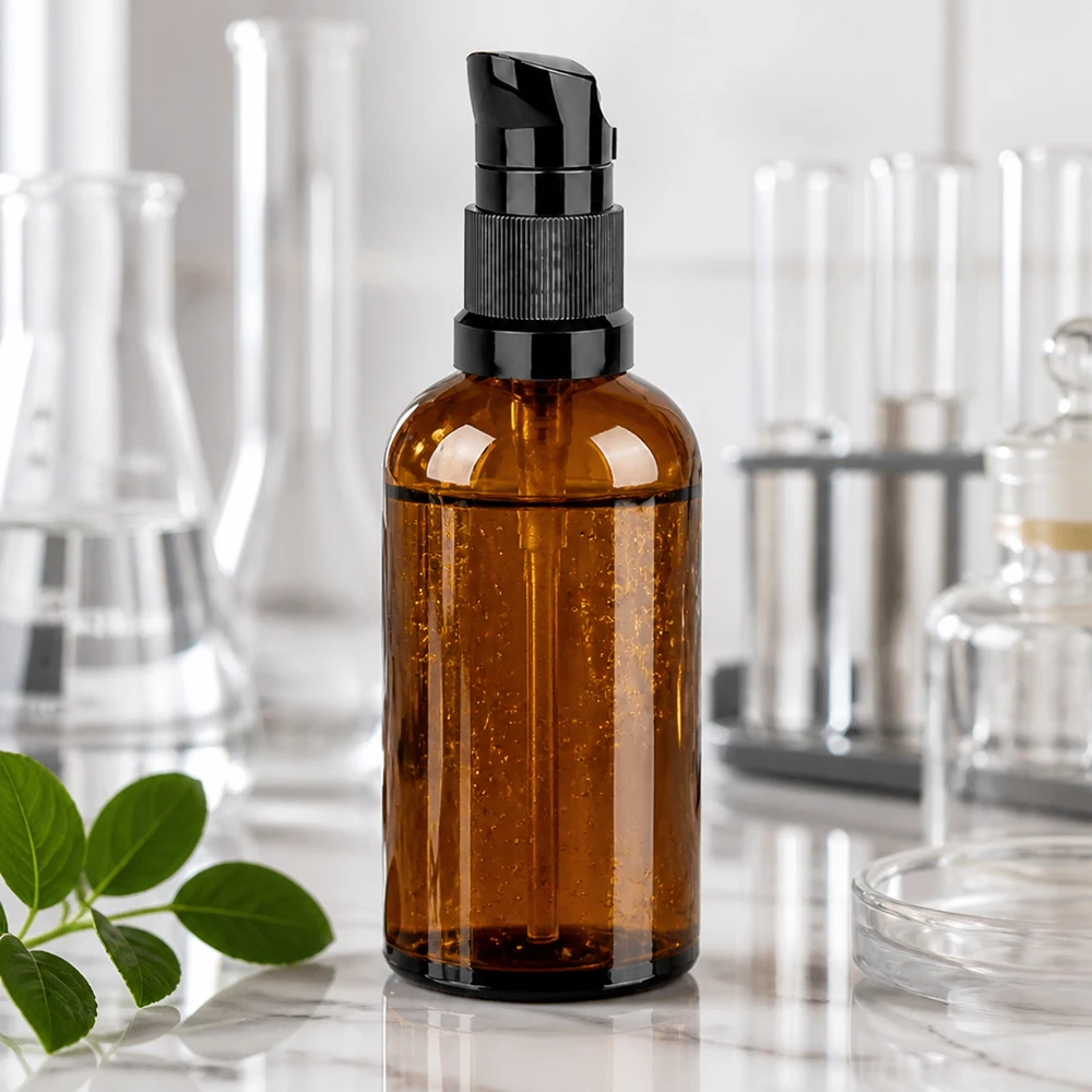 100ml láhev s pumpičkou černá standardní uzávěr BrownLine UT18/100 Wiederverwendbare 100ml Pumpflasche aus robustem Braunglas für nachhaltige Kosmetikverpackung