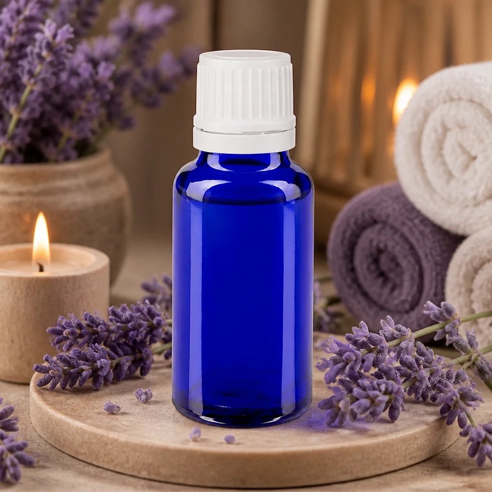 Apothekerglasflasche blau 20ml mit manipulationssicherem weißem Verschluss für Aromapflege