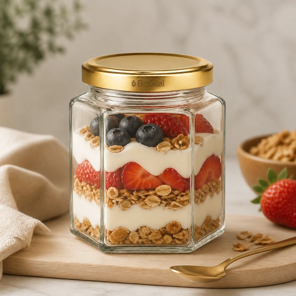 390ml sklenice Hexa se zlatým víčkem BioSeal UNiTWIST UNiTWIST Hexa390 Glas mit TO70 BioSeal Deckel befüllt mit Müsli Joghurt Beeren als Parfait auf Holzbrett