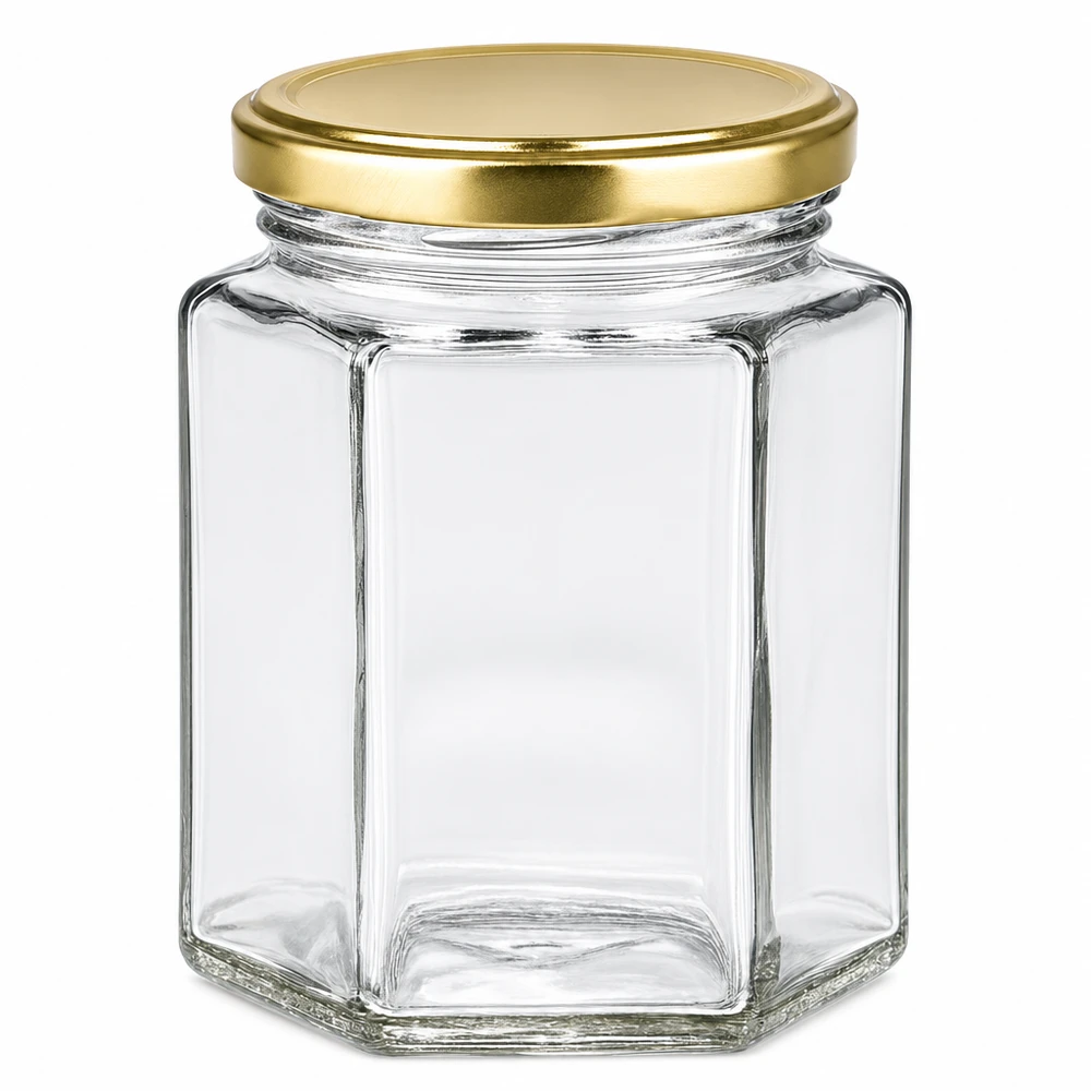 250g Honigglas hexagonal mit goldenem Deckel BasicSeal leer transparent für Honig Marmelade Aufbewahrung