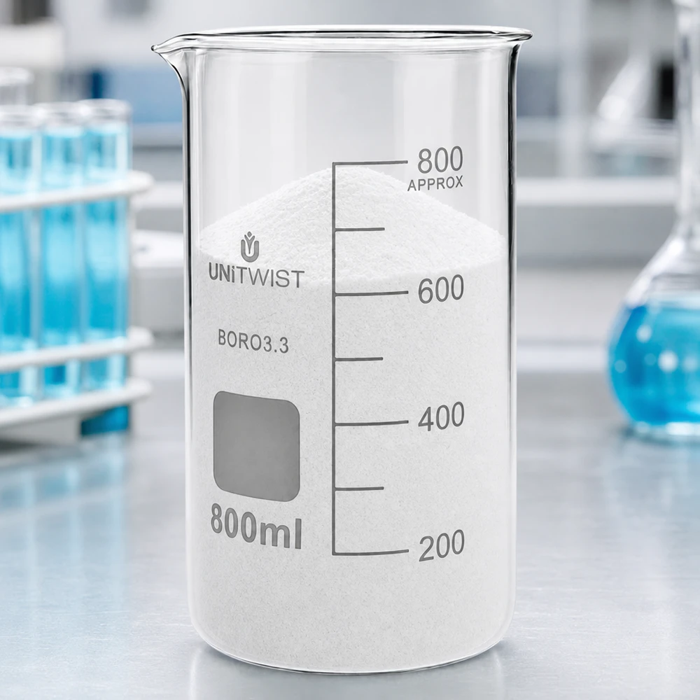 Kádinka 800 ml borosilikátová, vysoká forma UNiTWIST UNITWIST Becherglas 800ml hohes Modell Borosilikat mit weißem Chemikalienpulver befüllt