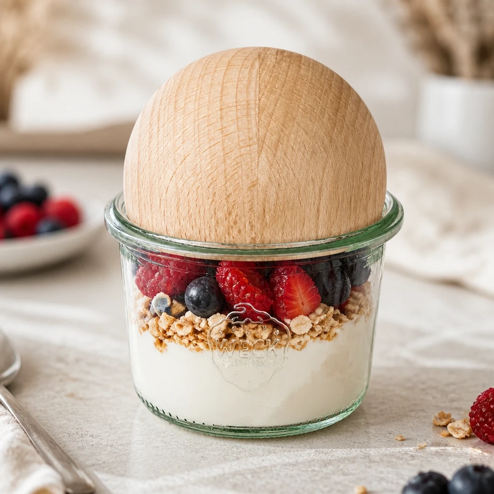 80ml kelímky WECK RR60 s dřevěnou kuličkou buk WECK Sturzglas 80ml RR60 mit Buchenholzkugel gefüllt mit Joghurt, Granola und Beeren als Frühstücks-Parfait
