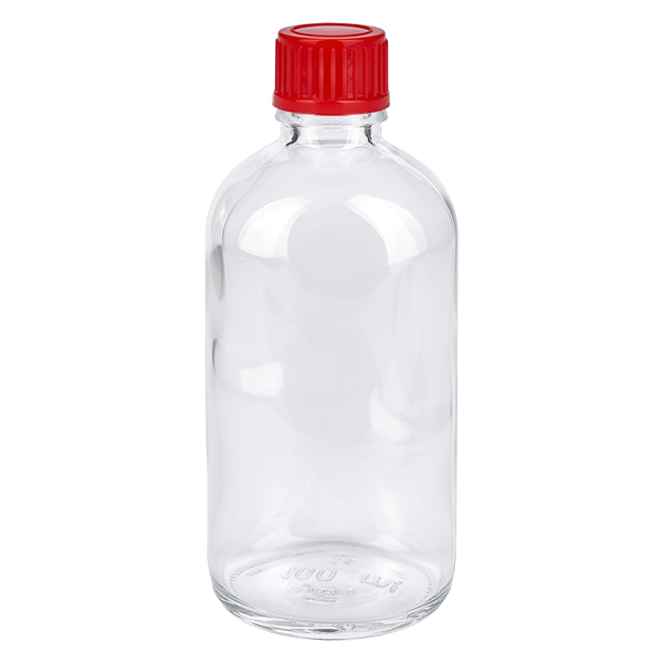100ml láhev 11mm šroubovací uzávěr červená Standard ClearLine UT18/100 Klarglas Rundflasche 100ml mit rotem 11mm Schraubverschluss ClearLine Serie UT18/100