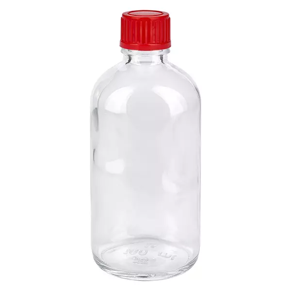 100ml láhev 11mm šroubovací uzávěr červená Standard ClearLine UT18/100 Klarglas Rundflasche 100ml mit rotem 11mm Schraubverschluss ClearLine Serie UT18/100