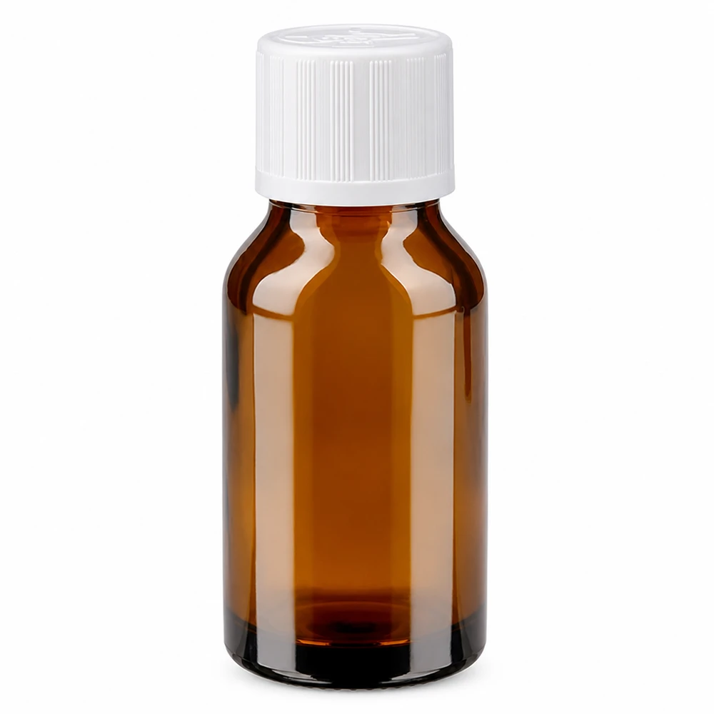 Lékárenská lahvička hnědá 15ml šroubovací uzávěr bílý Standard odolný vůči dětem. Apothekenflasche braun 15ml Schraubverschluss weiß mit Kindersicherung KiSi
