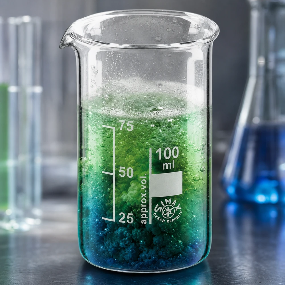 Kádinka z borosilikátového skla o objemu 100 ml, vysoký tvar Transparentes Borosilikatglas 100ml hohe Form mit mehrschichtigem blau-grünem Reaktionsgemisch
