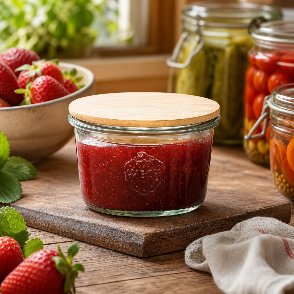 WECK Glas 80ml RR60 mit Holzdeckel gefüllt mit Erdbeermarmelade in rustikaler Küche mit frischen Erdbeeren