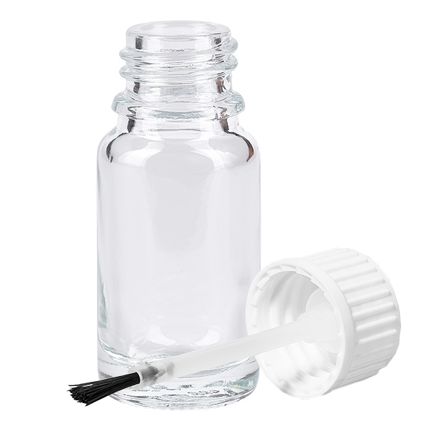 10ml lahvička na kartáčky bílá standardní uzávěr ClearLine UT18/10 Rundflasche 10ml ClearLine mit weißem Schraubdeckel und Pinsel Aufsatz aus transparentem Glas