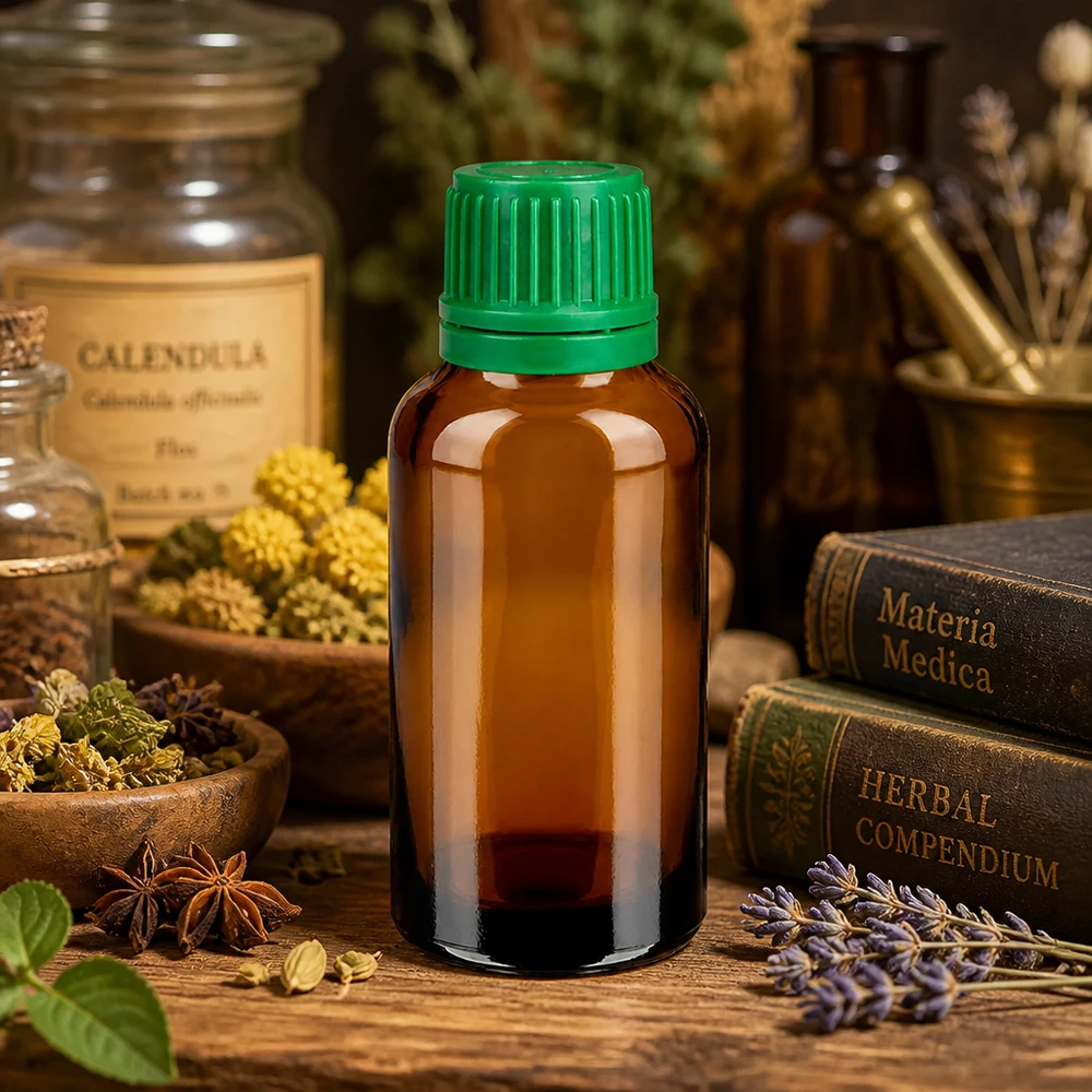30ml láhev 11mm šroubovací uzávěr zelený tamper evidentní uzávěr BrownLine UT18/30 Robuste 30ml Apothekenflasche aus getöntem Glas mit praktischem grünem Schraubdeckel