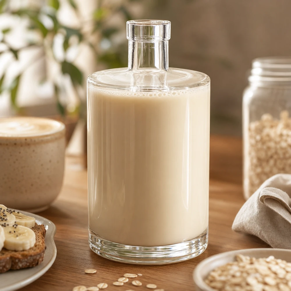 700ml Glasflasche "Galileo" ohne Verschluss UNiTWIST® 700ml Glasflasche Marie mit Hafermilch befüllt auf Holztisch neben Müslischale und Haferflocken in Küche