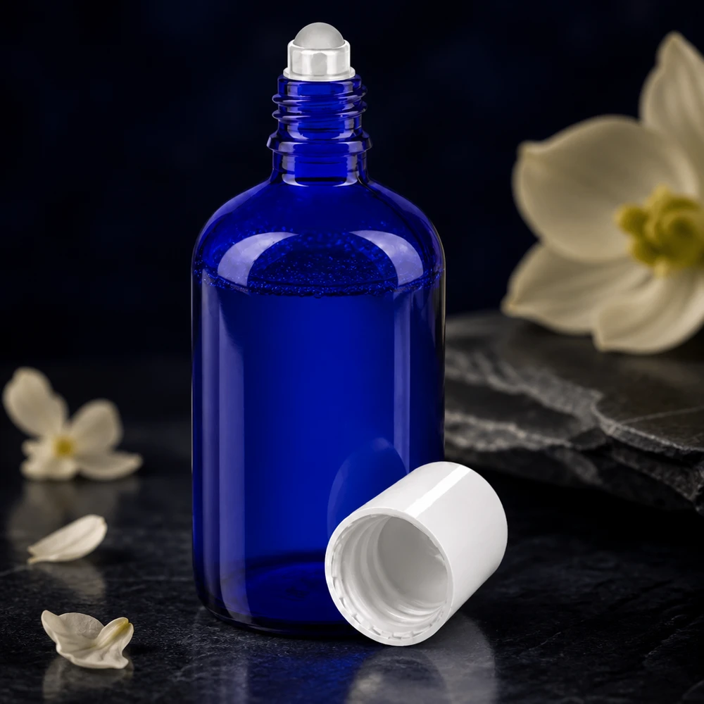 Lékárenská lahvička modrá 100ml roll-on s uzávěrem bílá Tiefblaue Roll-On Glasflasche 100ml für ätherische Öle und Parfum mit Rollkugel-Auftragen