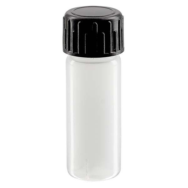 Vzorkovnice 5ml z PE-LD, p&#345;&#237;rodn&#237; kompletn&#237; s &#269;ern&#253;m &#353;roubovac&#237;m uz&#225;v&#283;rem.