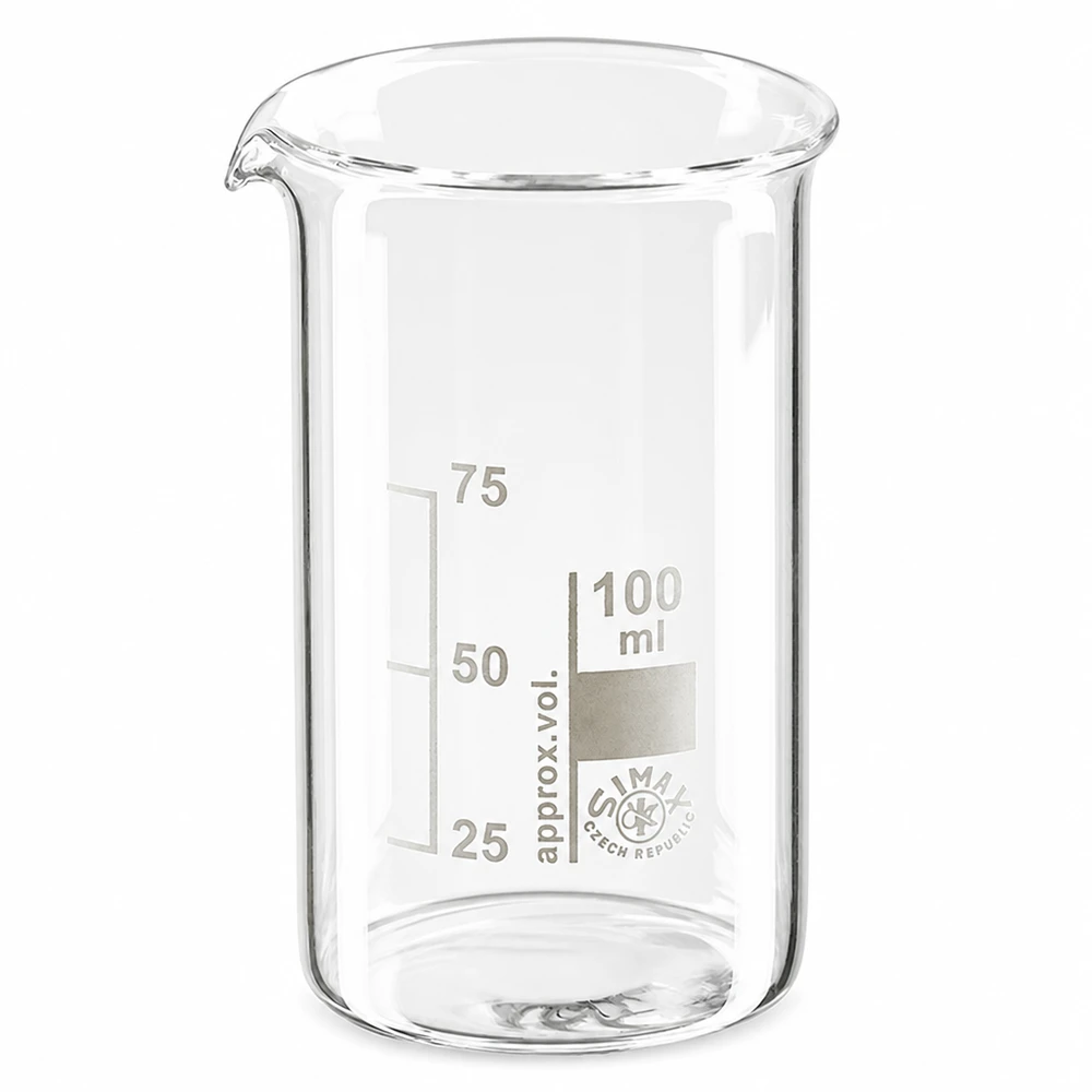 Kádinka z borosilikátového skla o objemu 100 ml, vysoký tvar Simax Becherglas 100ml hohe Form Borosilikatglas chemiebeständig mit Messskala