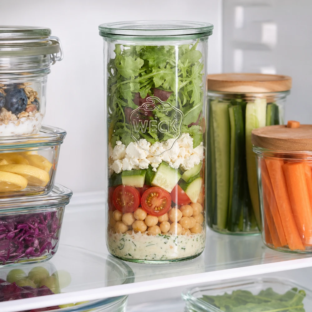 WECK Sturzglas 1500ml RR100 im Kühlschrank mit Schichtsalat gefüllt zwischen anderen Vorratsgläsern Meal Prep