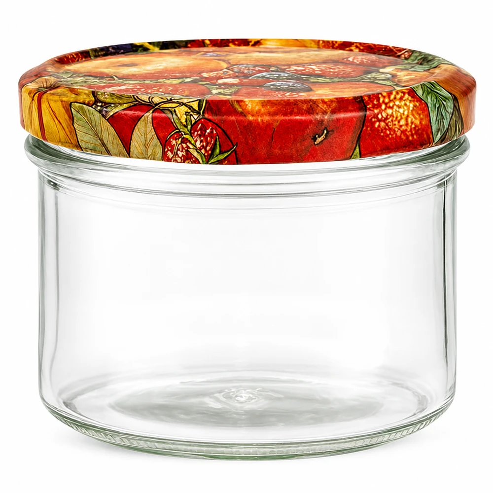 225ml kelímky + víčko BasicSeal s dekorem ovoce UNiTWIST 225ml Sturzglas mit buntem Obst-Dekor Deckel, leeres Einmachglas für Marmelade und Konfitüre, Konservenglas mit Twist-Of