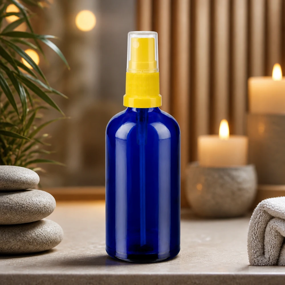 100ml lahvička s rozprašovačem žlutá/transparentní standardní uzávěr BlueLine UT18/100 Nachfüllbare Glasflasche 100ml mit Sprühaufsatz umweltfreundlich und wiederverwendbar