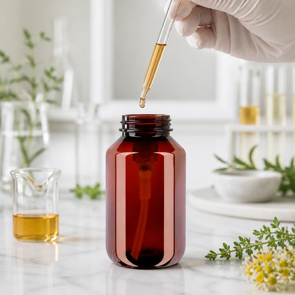 PET láhev 100ml s dávkovací pumpičkou bílá Nachfüllbare 100ml Flasche bernstein PET mit weisser Pumpe für Kosmetikherstellung