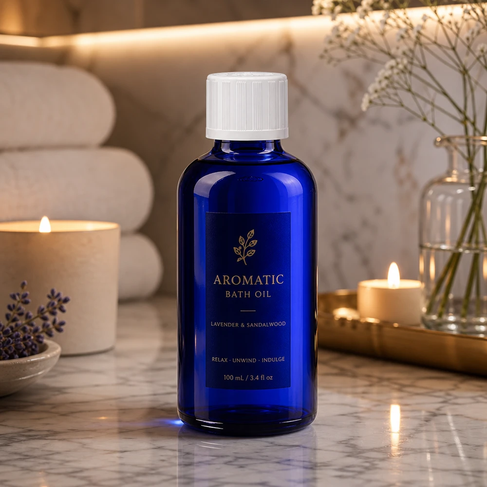 Blaue Glasflasche 50ml mit kindersicherem Weißverschluss für ätherische Öle und Badezusätze