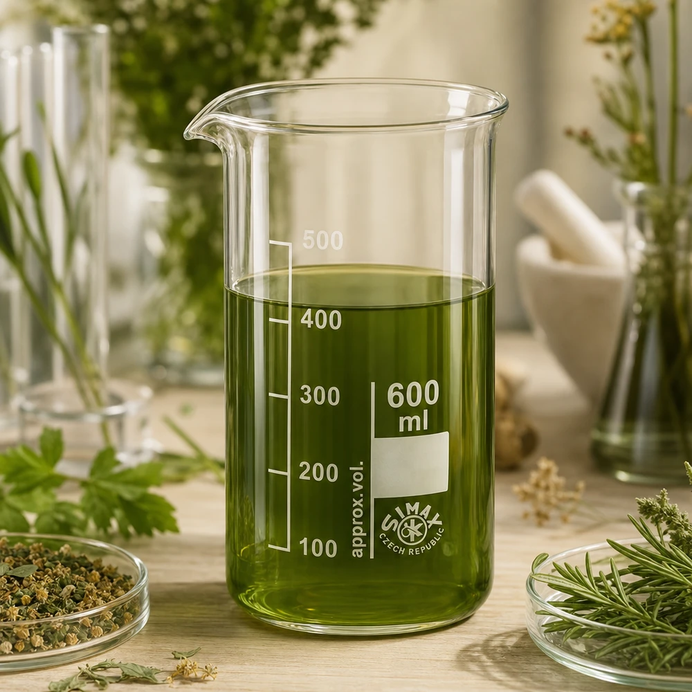 Kádinka 600 ml z borosilikátového skla, vysoký tvar Becherglas 600ml hohe Form aus Borosilikatglas mit grüner Lösung auf Holzunterlage im Naturlabor