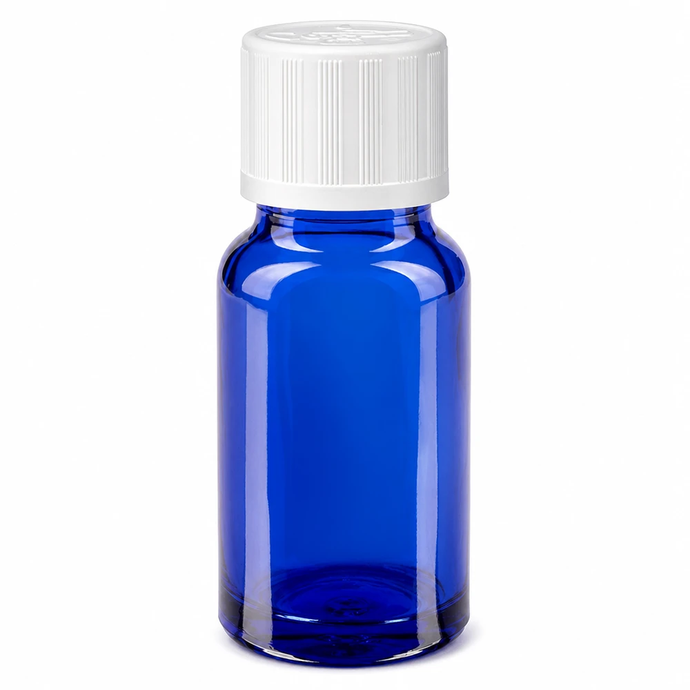 Blaue Apotheker Glasflasche 10ml mit kindersicherem weißen Verschluss für Tropfen