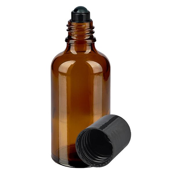 Lékárenská lahvička hnědá 50ml roll-on s uzávěrem černá Lékárenská lahvička hnědá 50ml roll-on s uzávěrem černá