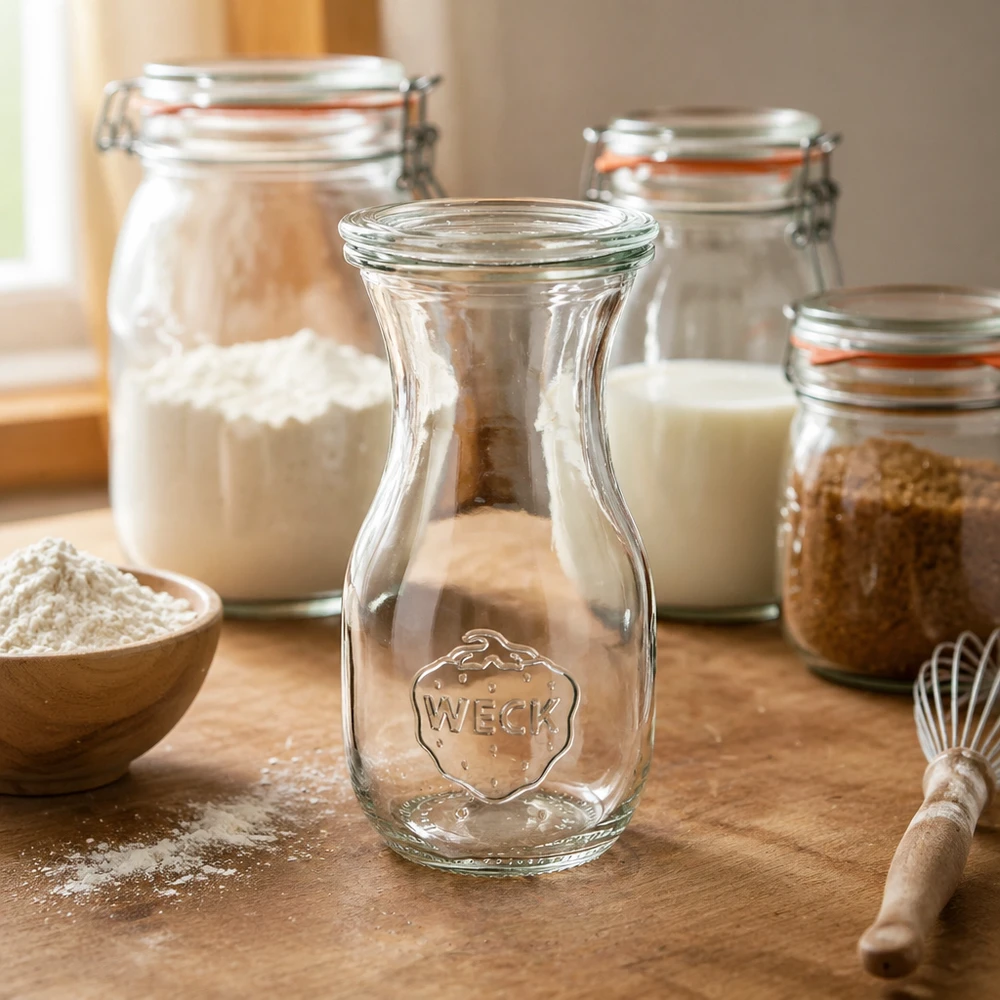 WECK Saftflasche 290ml RR60 in Küchen-Ambiente mit Einmachgläsern Mehl und Backutensilien auf Holzarbeitsplatte