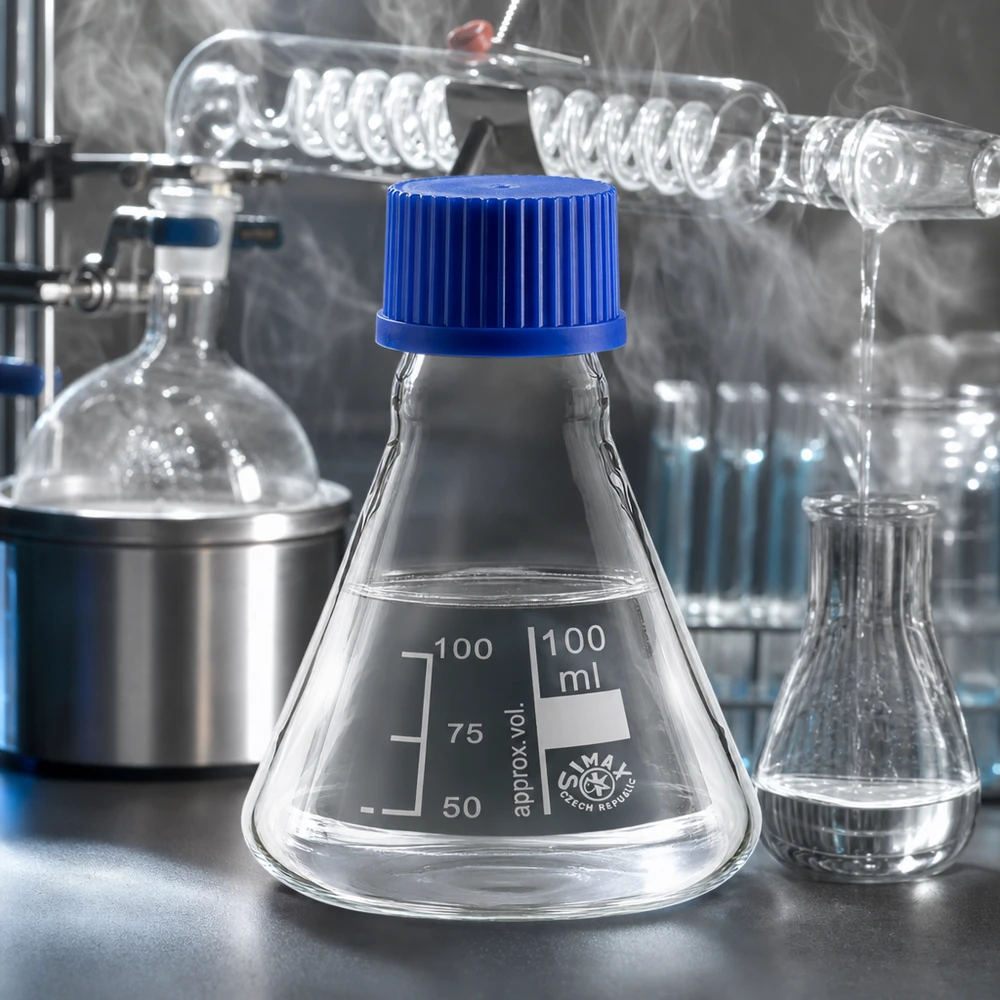 Erlenmeyerova baňka 100ml se šroubovacím uzávěrem Erlenmeyerkolben 100ml mit breitem Boden für stabilen Stand und blaue Schraubkappe