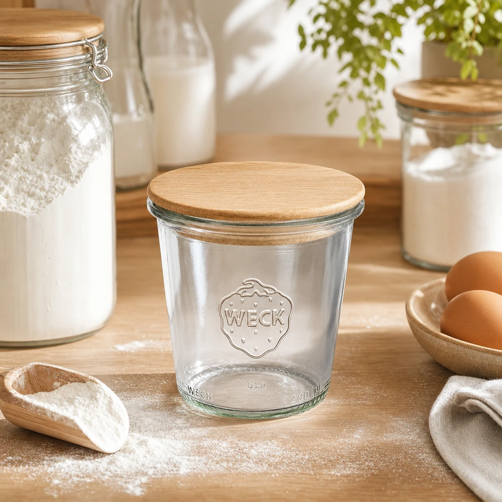 290ml vysoká skleněná nádoba WECK RR80 s dřevěným víčkem buchta WECK Sturzglas 290ml RR80 mit Holzdeckel in natürlicher Küchenszene mit Mehl Eiern und Backzutaten auf Holzbrett