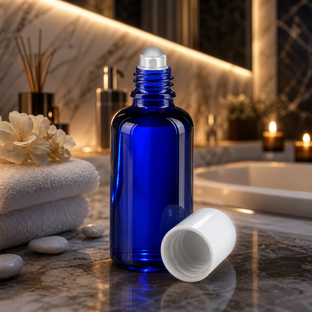 Zylindrische 50ml Roll-On Flasche in Blau mit mattem Rollball und geöffnetem Weißdeckel